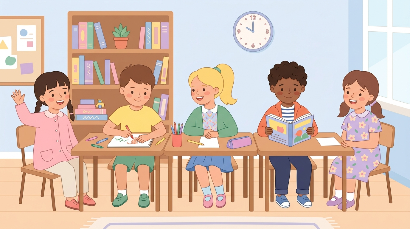 Cinq camarades de classe assis ensemble dans leur salle de classe